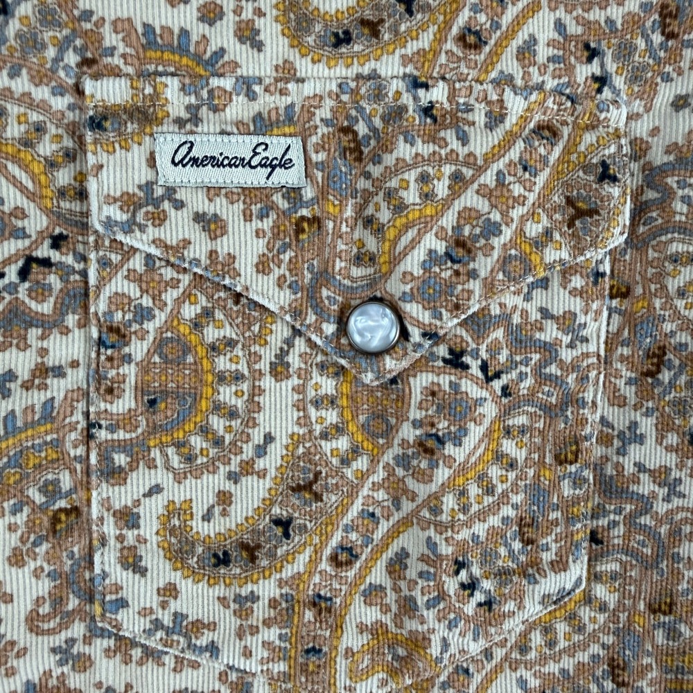 American Eagle Shirt Mens L Tan Paisley Corduroy Vintage Western Pearl Snap - Picture 9 of 11